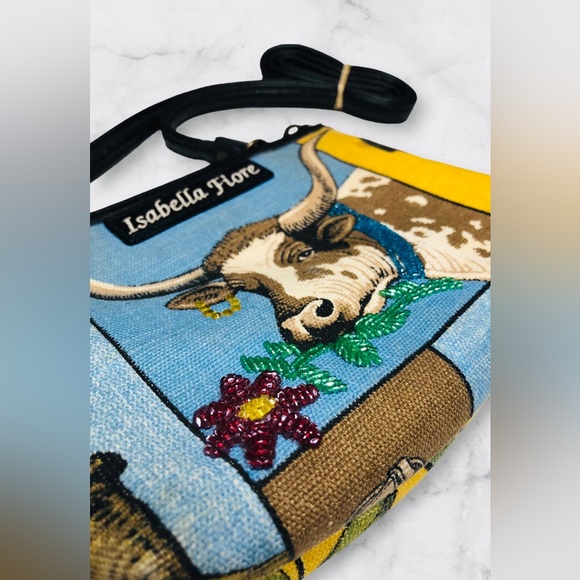 Isabella Fiore Vintage Texas Longhorn Embroidered Embellished Designer Purse Bag - Picture 8 of 9